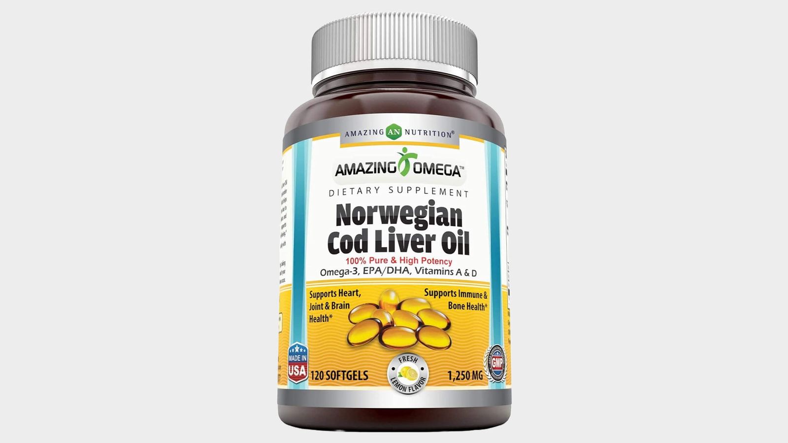 Amazing Omega Norwegian Cod Liver Oil product image of a brown container with a white, yellow, silver, and blue label.