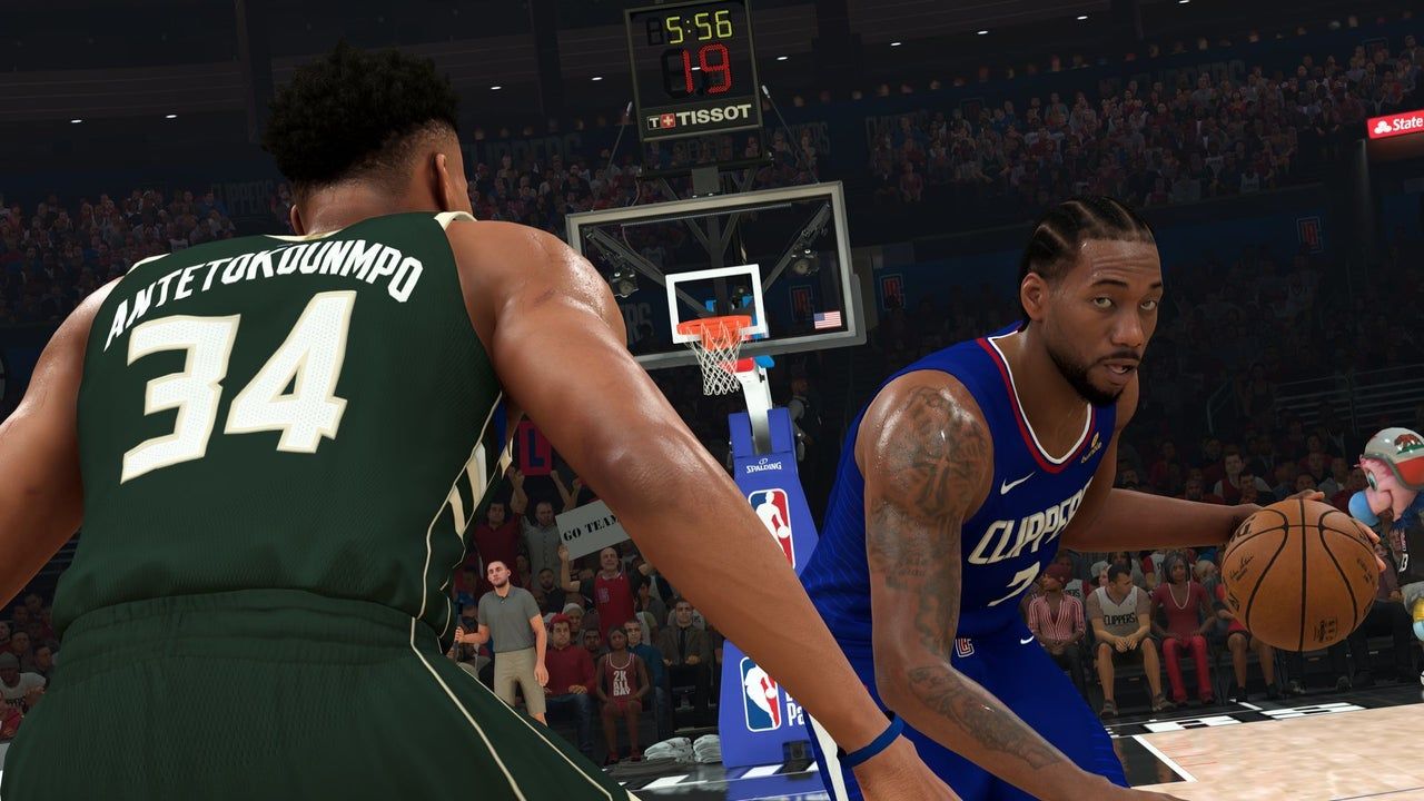 Kawhi Leonard sizes up Giannis Antetokounmpo in NBA 2K21.