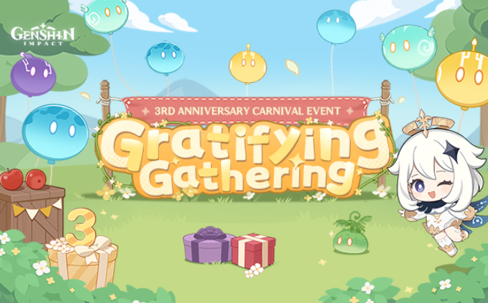 Genshin Impact third anniversary "Gratifying Gathering" web event banner.