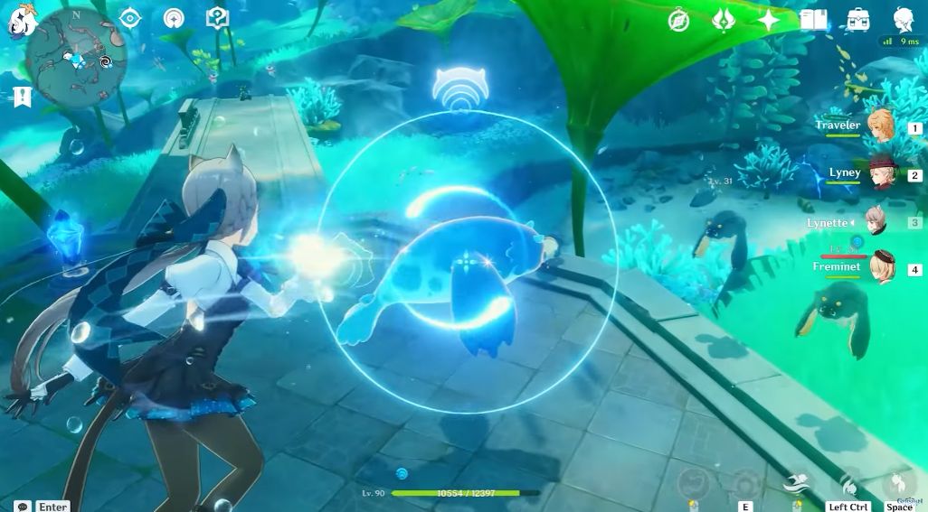 A screenshot of underwater "Fontemer Aberrants" combat gameplay in the Genshin Impact 4.0 Livestream.