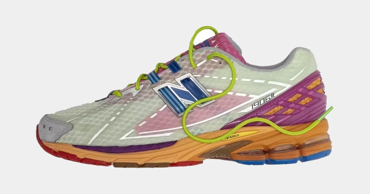 Action Bronson x New Balance 1906R "Rosewater" product image of a multicolored low-top running sneaker with the New Balance "N" in blue on the sidewall.