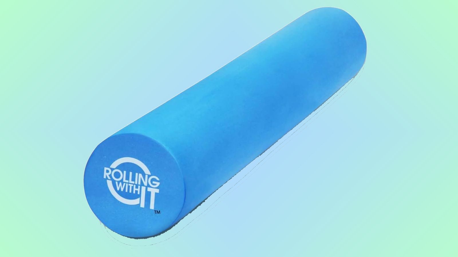 Rolling With It EVA Foam Roller product image a blue, long, thing foam roller with white branding on the end.