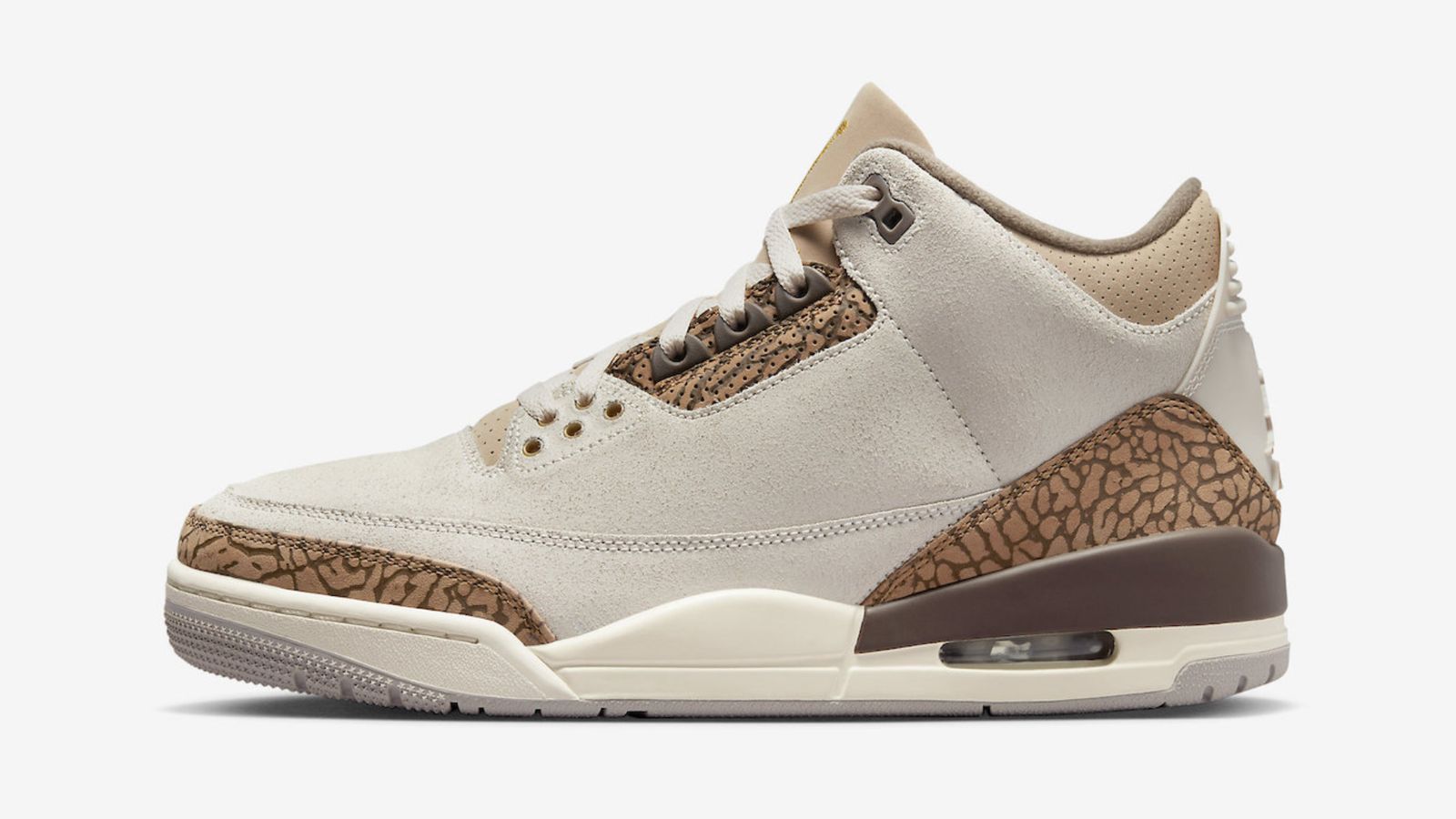 Air Jordan 3 "Orewood Brown" product image of a light brown suede sneaker with brown elephant print overlays.