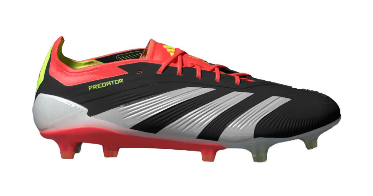 adidas Predator Elite product image of a black and white football boot featuring highlighter orange and yellow details.