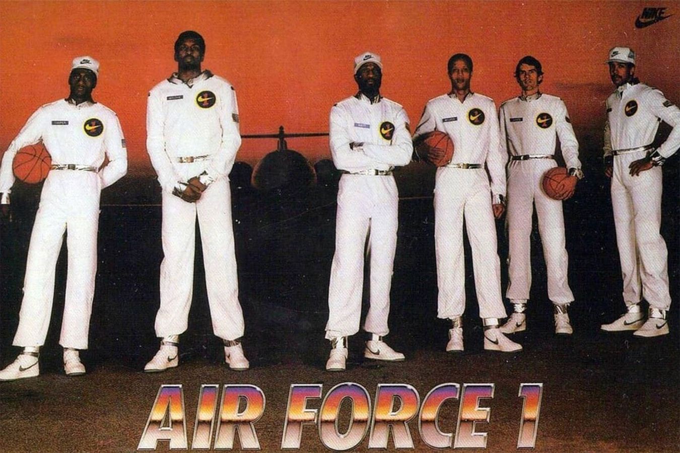 Nike 1983 Air Force 1 campaign with six NBA players dressed in white with the original Air Force 1s on feet.