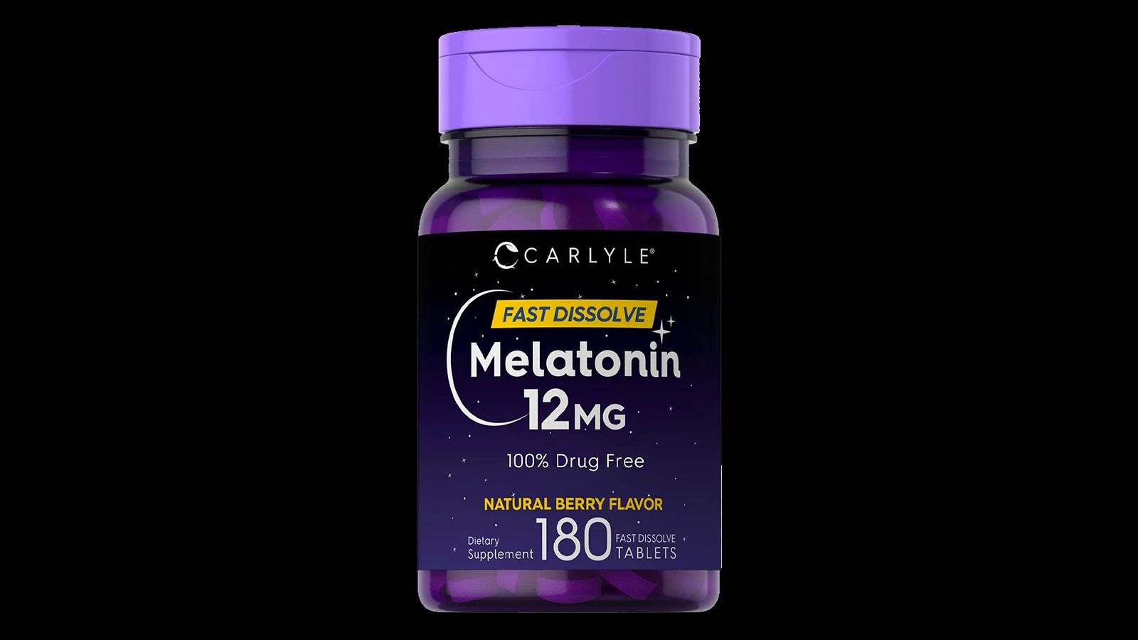 Carlyle Fast Dissolve Melatonin product image of a purple container with night sky-themed labelling.