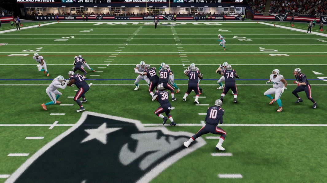 The Patriots running the ball in Madden 24