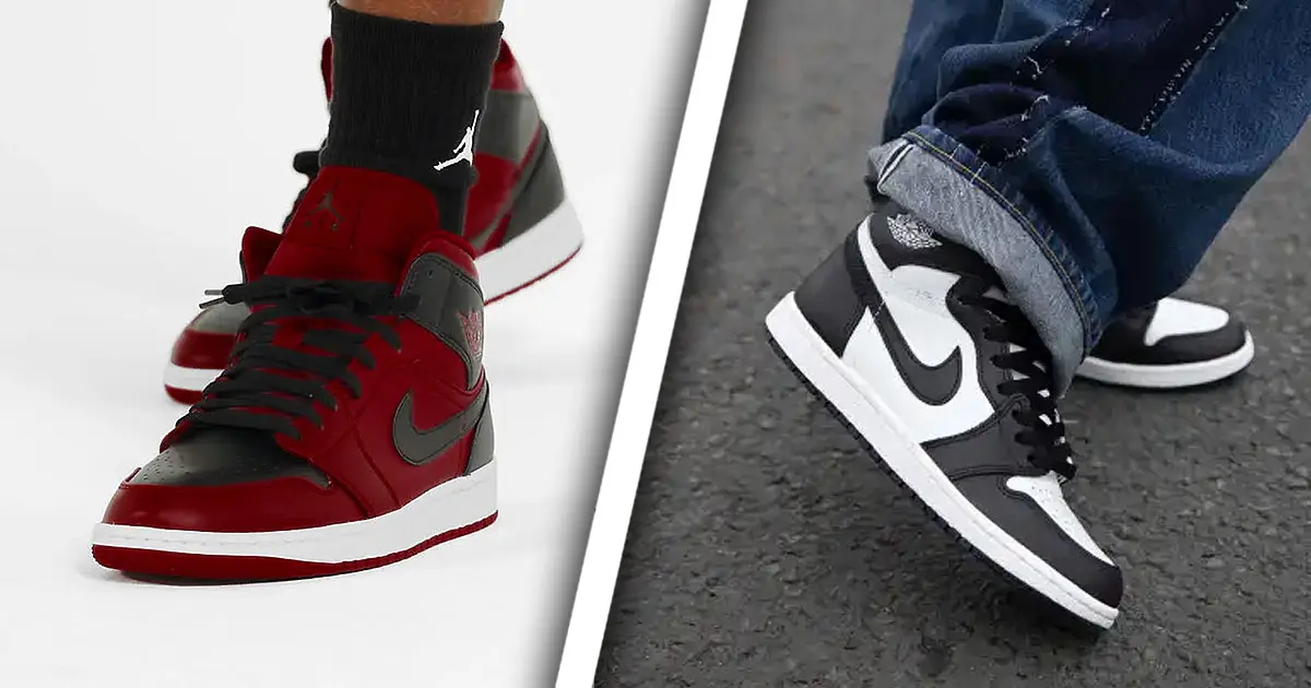 A person wearing a red and black pair of Jordan 1 Mids with a white midsole on one side of a white line. On ther other, someone in jeans wearing black and white Jordan 1 Highs.