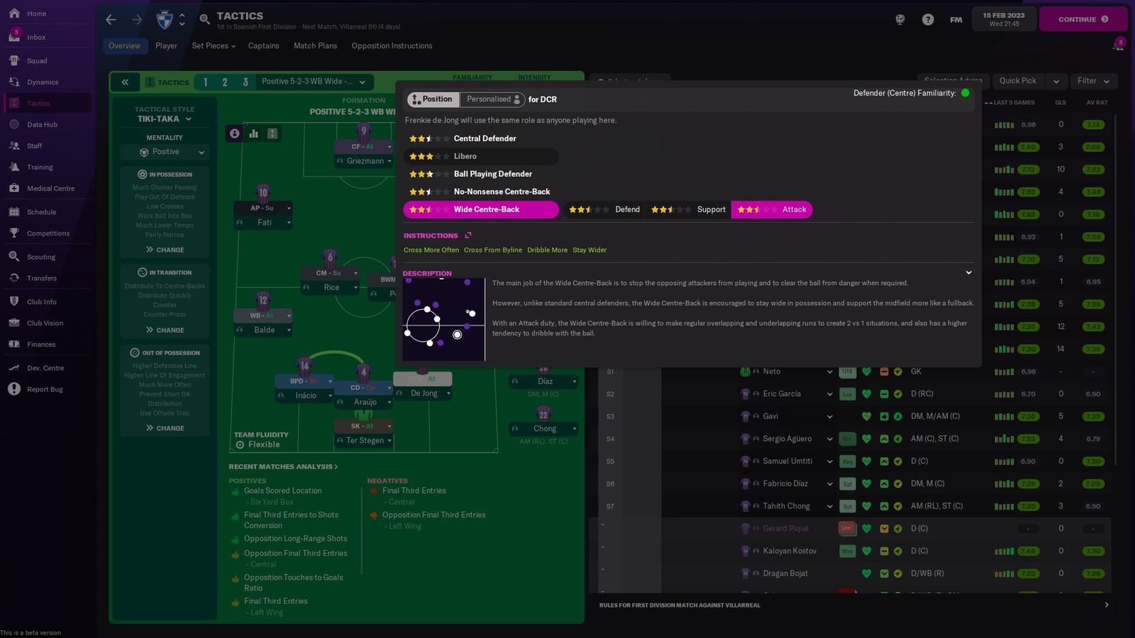 Football Manager 2022's tactics screen displaying instructions for the wide centreback position