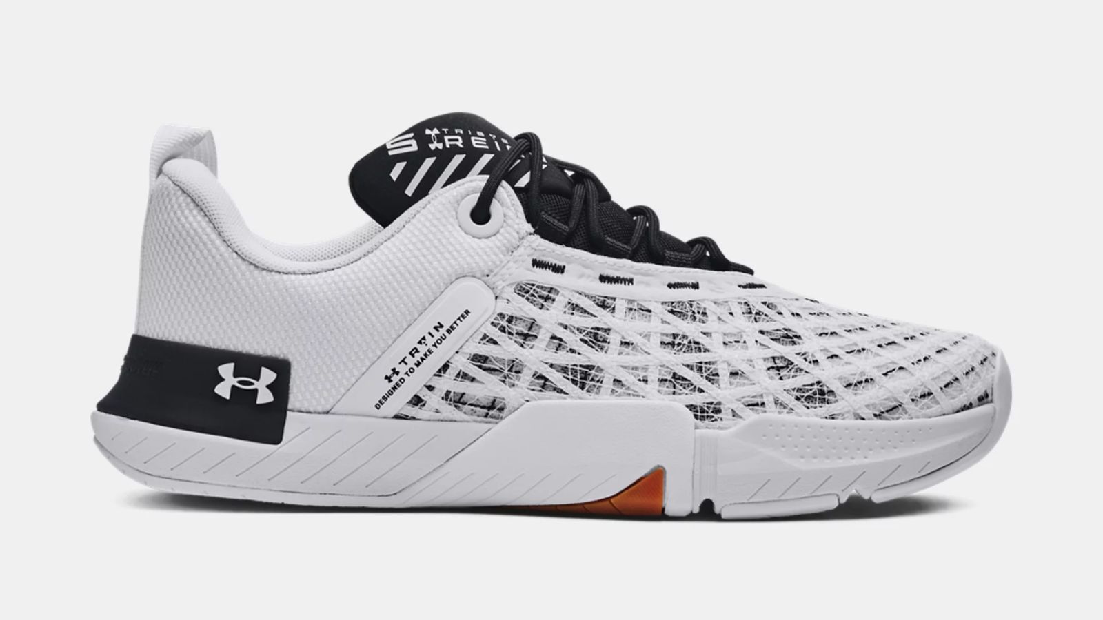 Under Armour TriBase Reign 5 product image of a white trainer featuring a black mesh pattern at the front and black accents toward the heel and tongue.