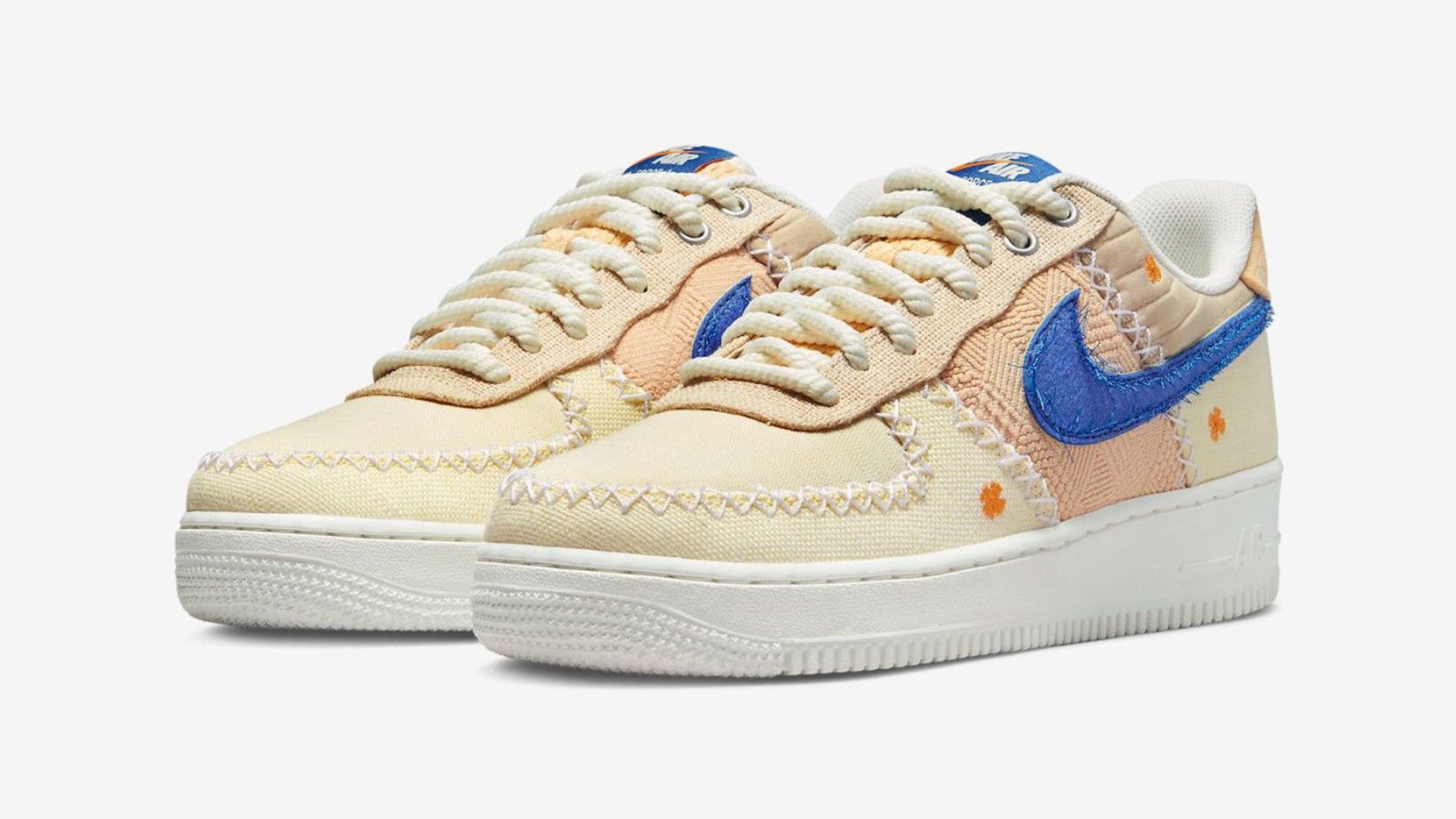 Air Force 1 "LA Flea" product image of a low-top sneaker with canvas and suede light pink and yellow stitched uppers with blue accents.