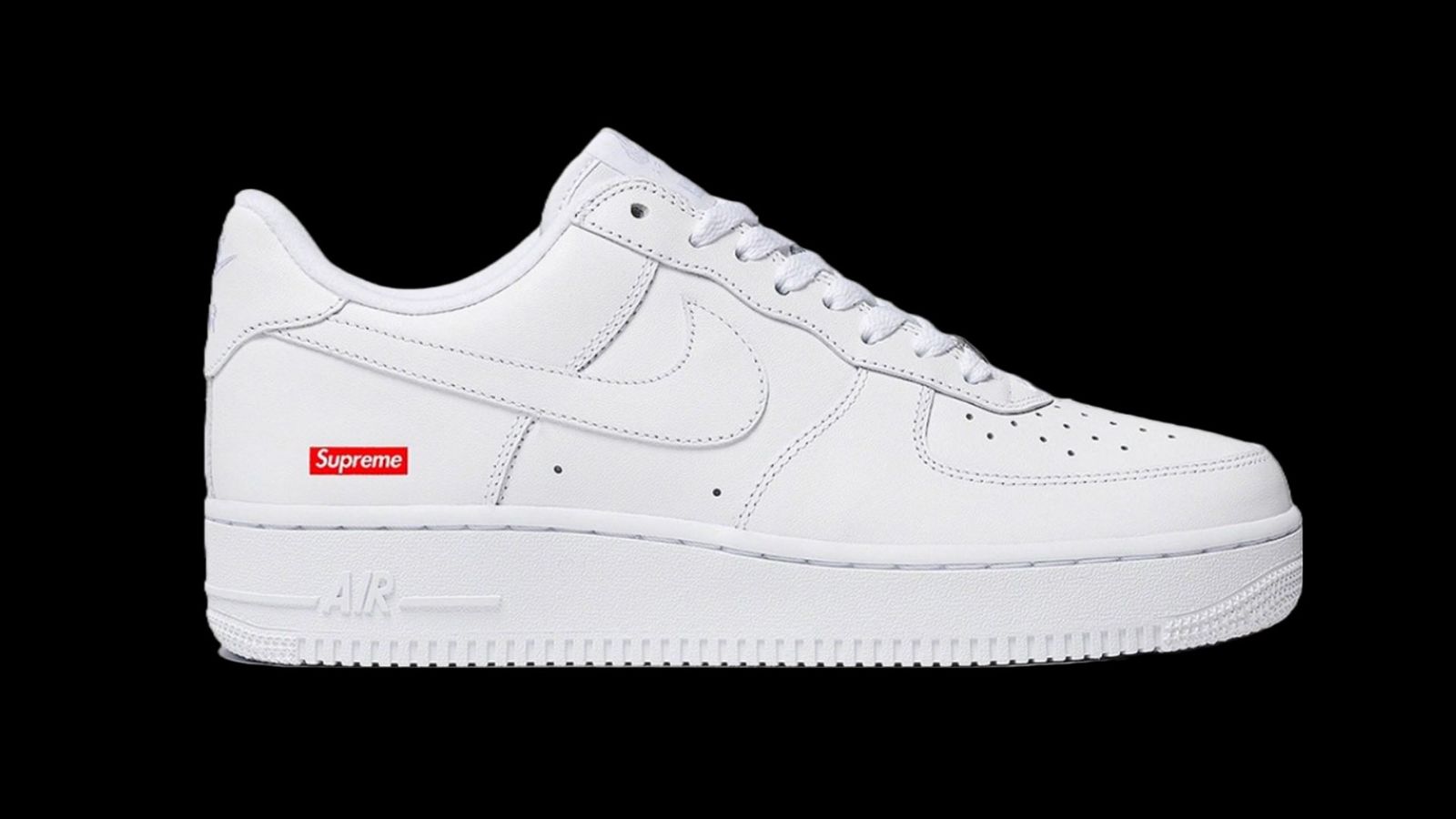 Supreme x Nike Air Force 1 Low product image of a "Triple White" sneaker with a red Supreme box-logo towards the heel.