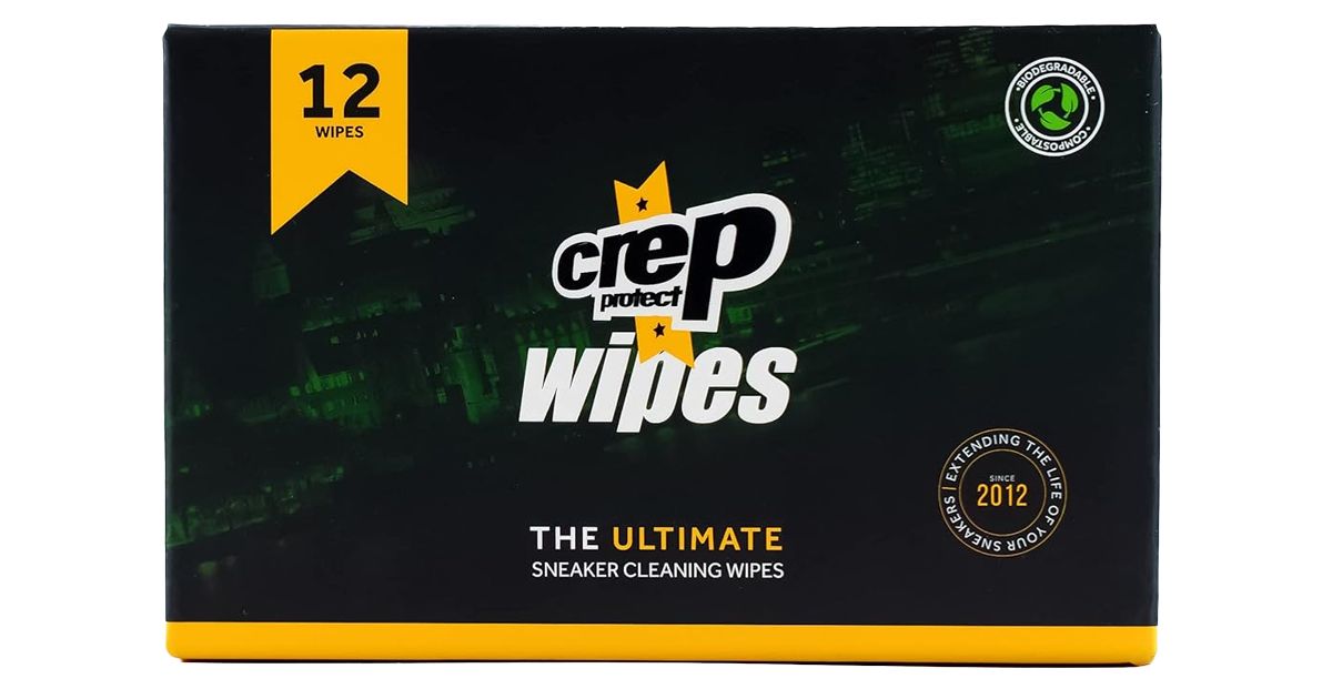 Crep Protect Shoe Cleaning Wipes product image of a black and green box with yellow trim.