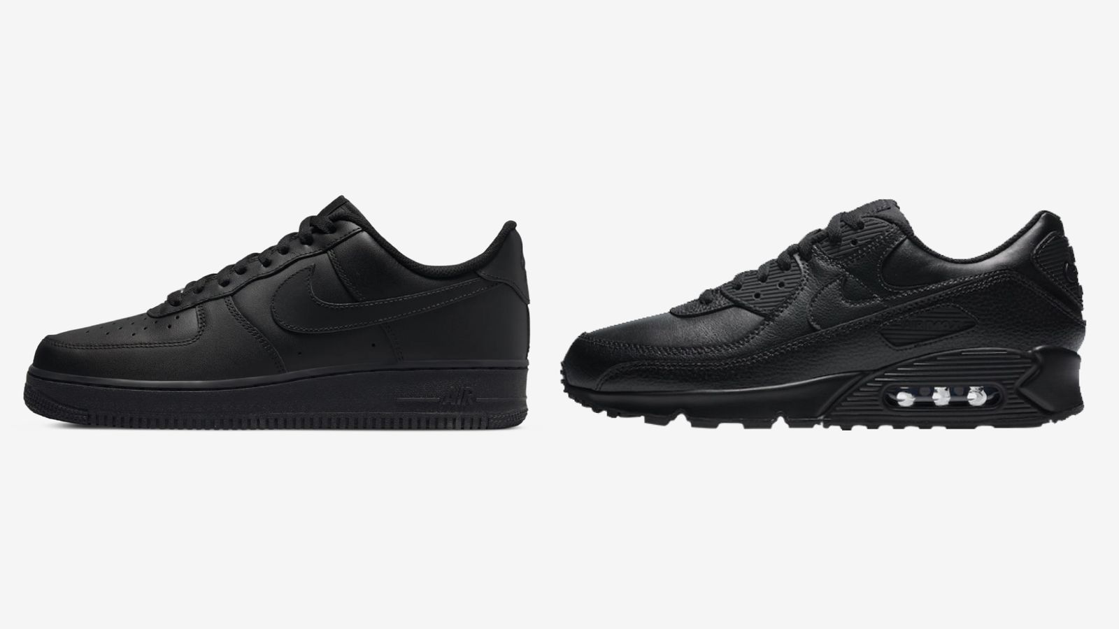 Nike Air Max 90 product image of a black sneaker next to an all-black Air Force 1.