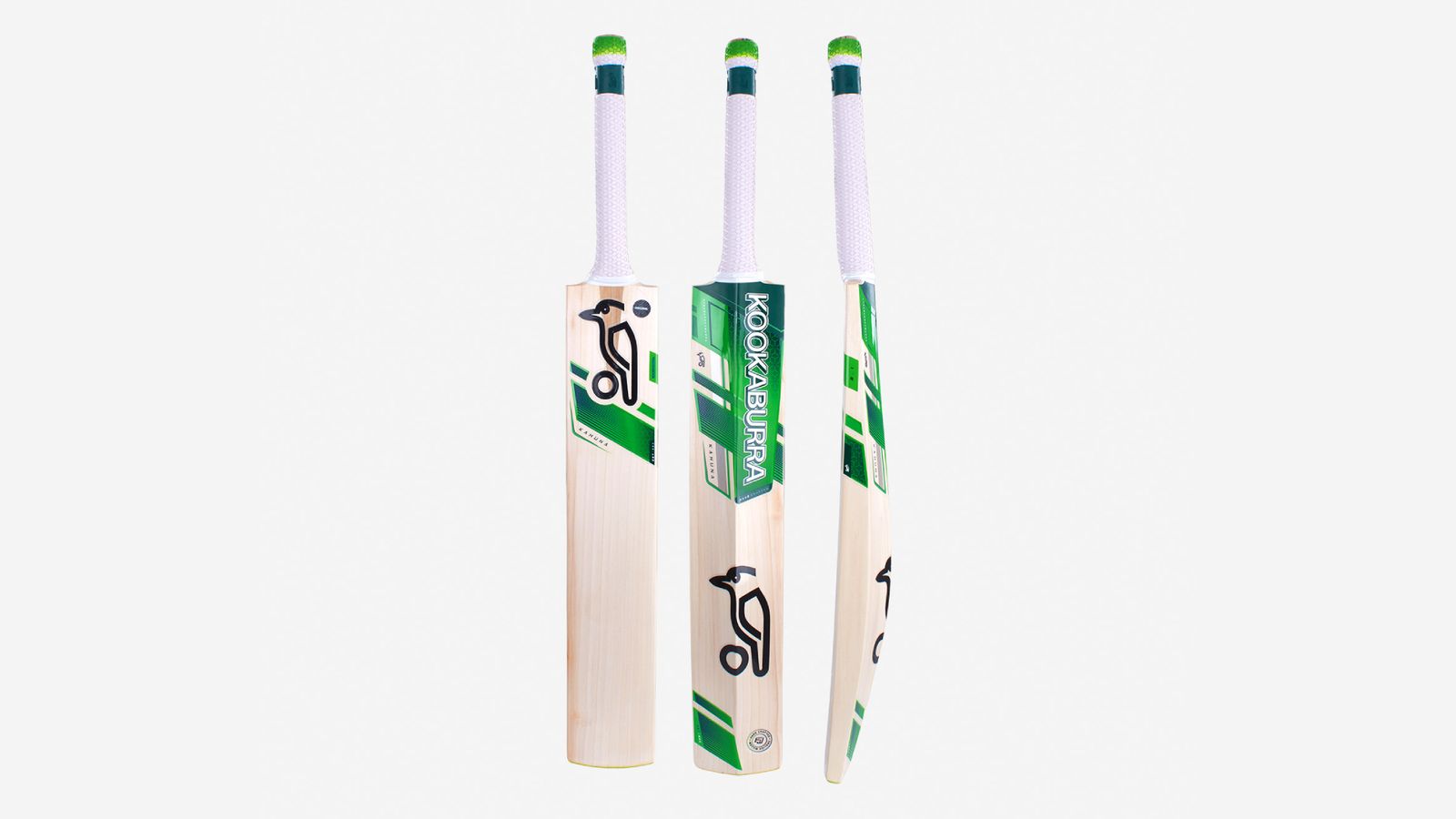 Kookaburra Kahuna 2.1 product image of light wood bat with green accents and a white handle.