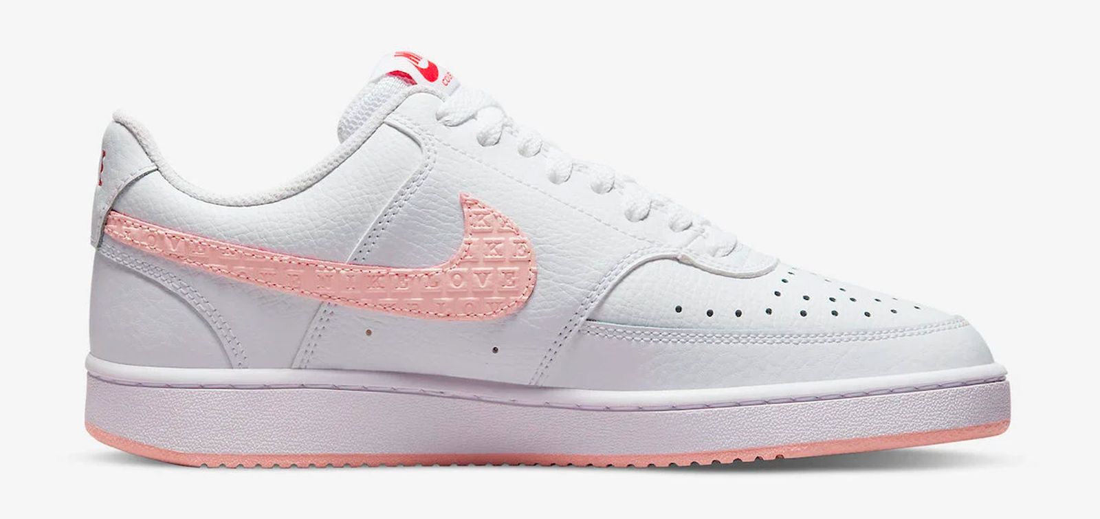 Nike Court Vision Valentine's Day product image of white and pink sneakers.