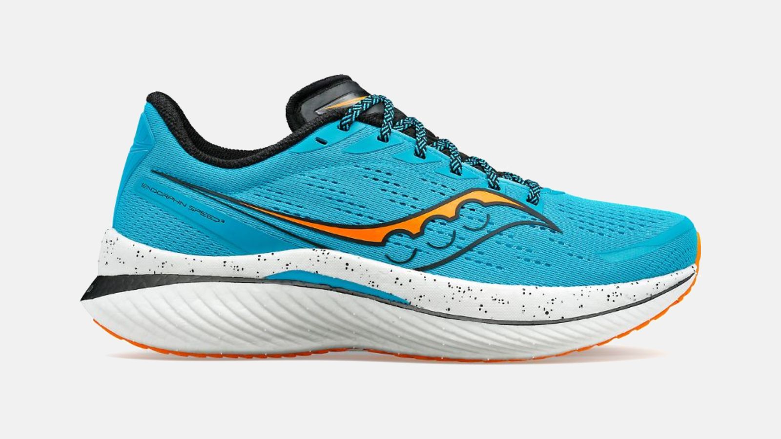 Saucony Endorphin Speed 3 product image of a light blue shoe with orange and black details and white midsole below white panelling featuring black speckles.