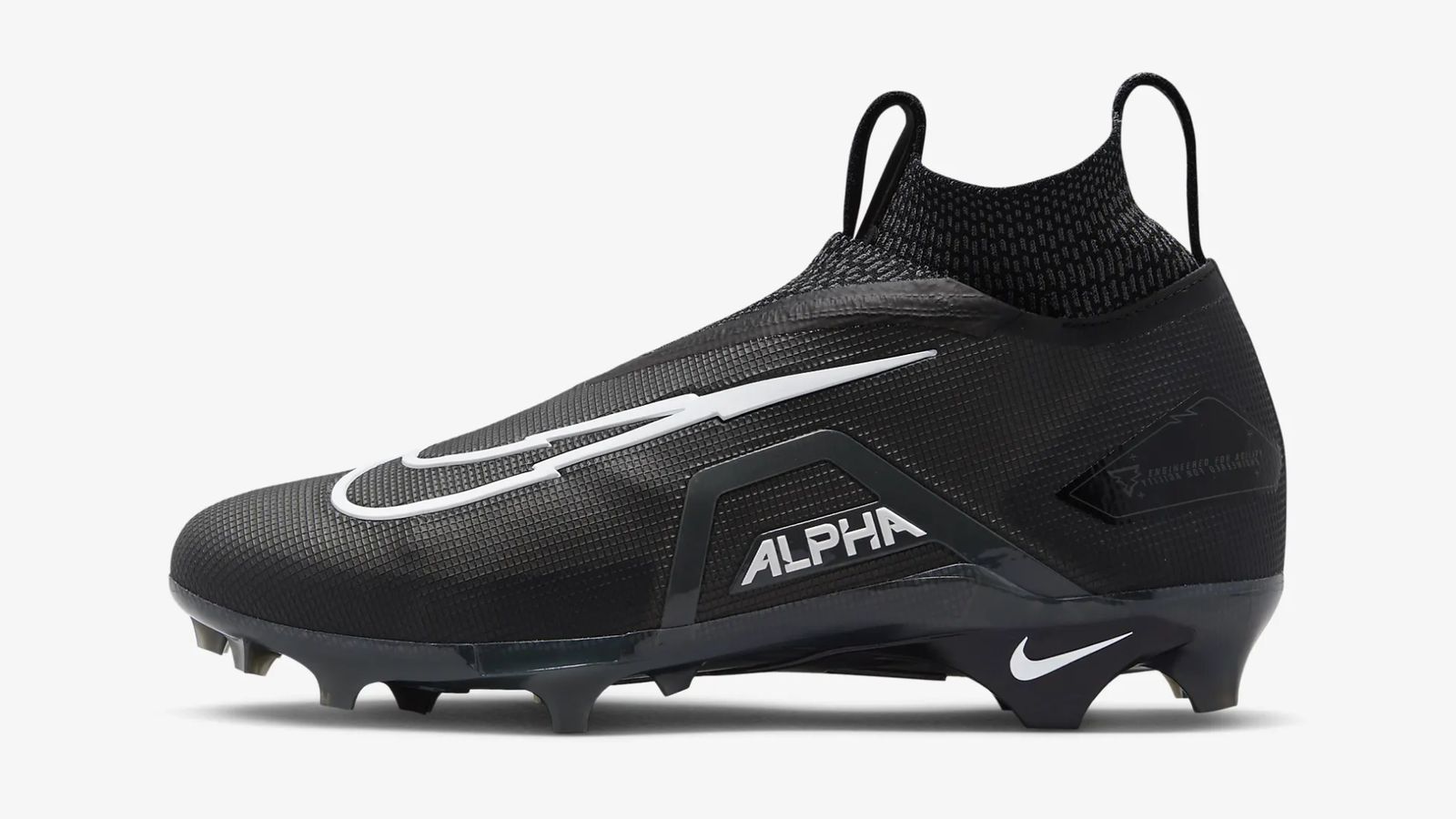 Nike Alpha Menace Elite 3 product image of a black higher-cut cleat with a Swoosh outlined in white down the side.