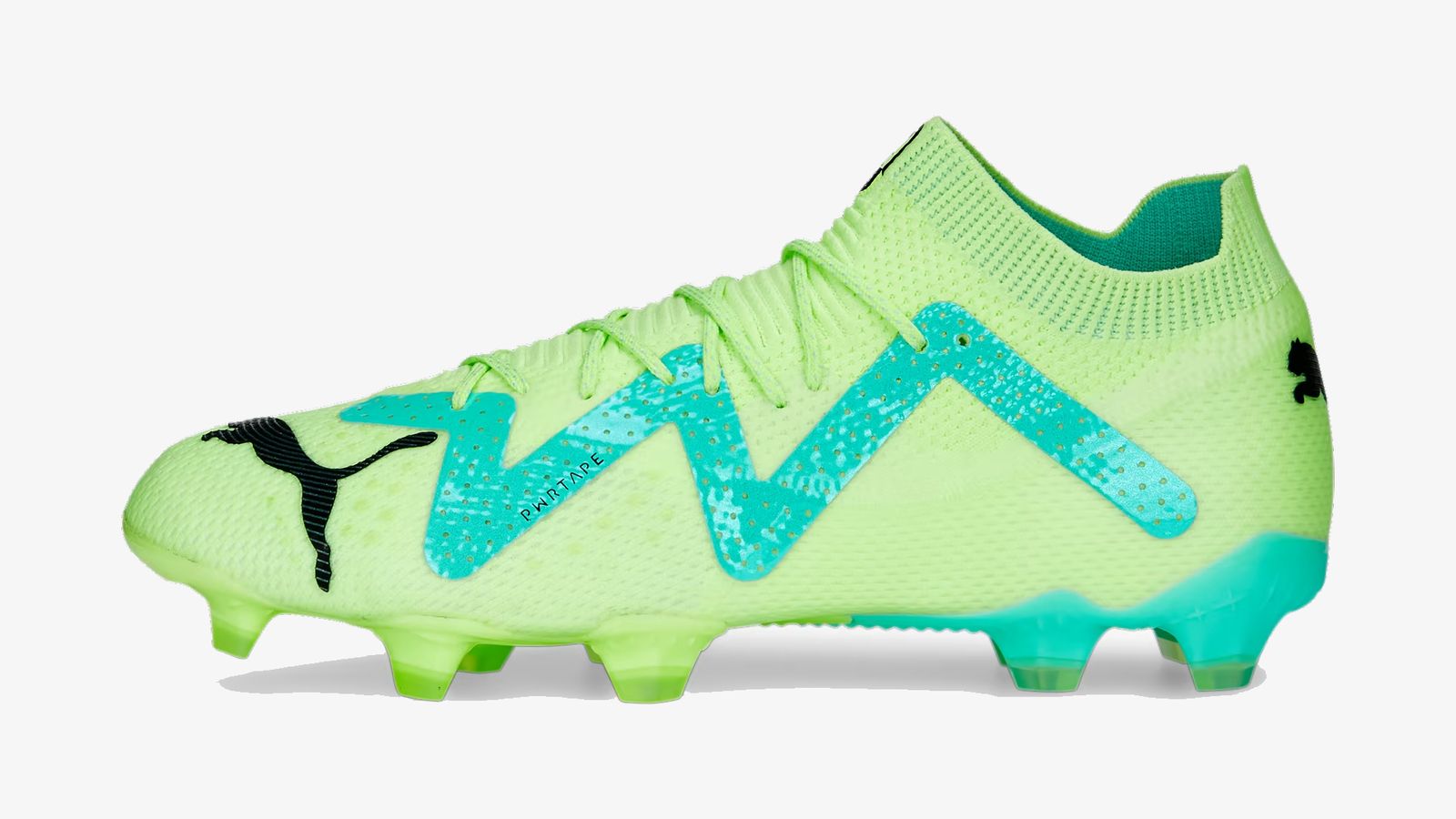 PUMA Future Ultimate product image of a green boot with blue and green details and a knitted collar.