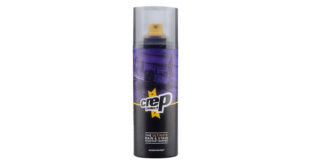 Crep Protect product image or a purple and black spray can with yellow trim.