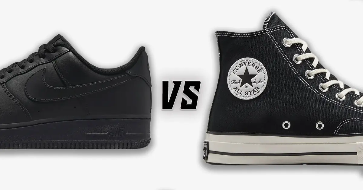 An all-black Air Force 1 Low vs a black Converse high-top featuring a white Converse All Star patch on the ankle and an off-white midsole.