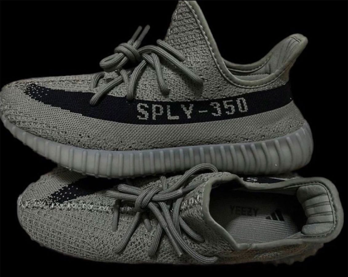 adidas Yeezy Boost 350 v2 "Granite" product image of a greyish Primeknit sneaker with a black stripe down the side.