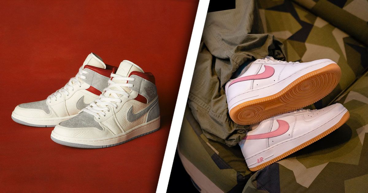 A pair of white and light gray Jordan 1 Highs featuring red trim on one side of a white line. On the other, a pair of white Air Force 1 Lows with pink Swooshes and gum outsoles.