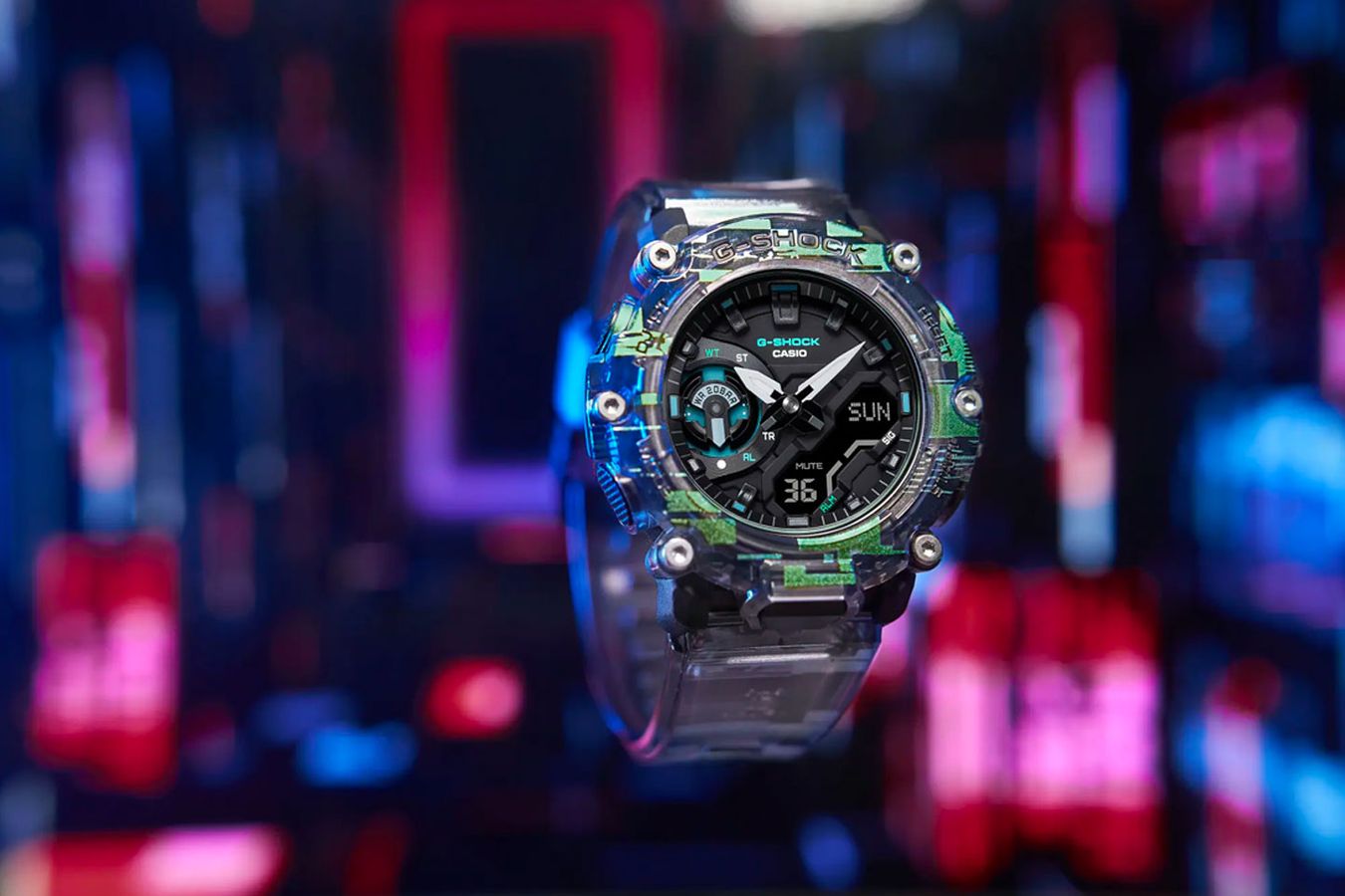 G-SHOCK Digital Glitch Series GA-2200NN-1A product image of a  semitransparent watch with an electrical glitch print.