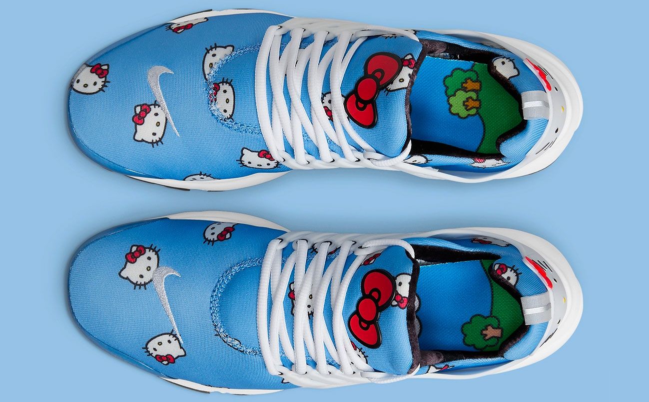 Hello Kitty x Nike Air Presto product image of a blue and white sneaker with a Hello Kitty pattern across the upper.