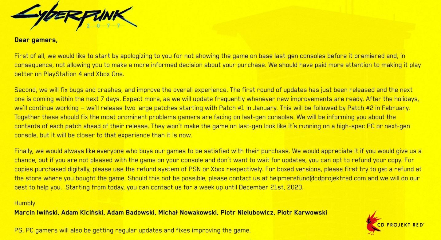 Cyberpunk 2077 Refund PS4 Xbox one CD Projekt Red Sony