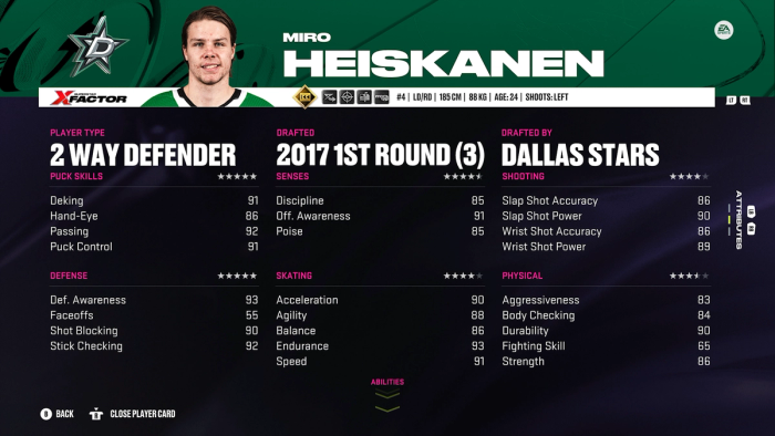 NHL 24 Miro Heiskanen attributes