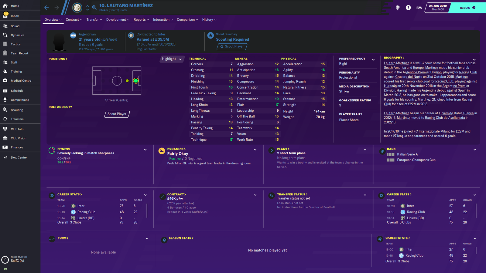 Lautaro Martinez's FM20 stats page