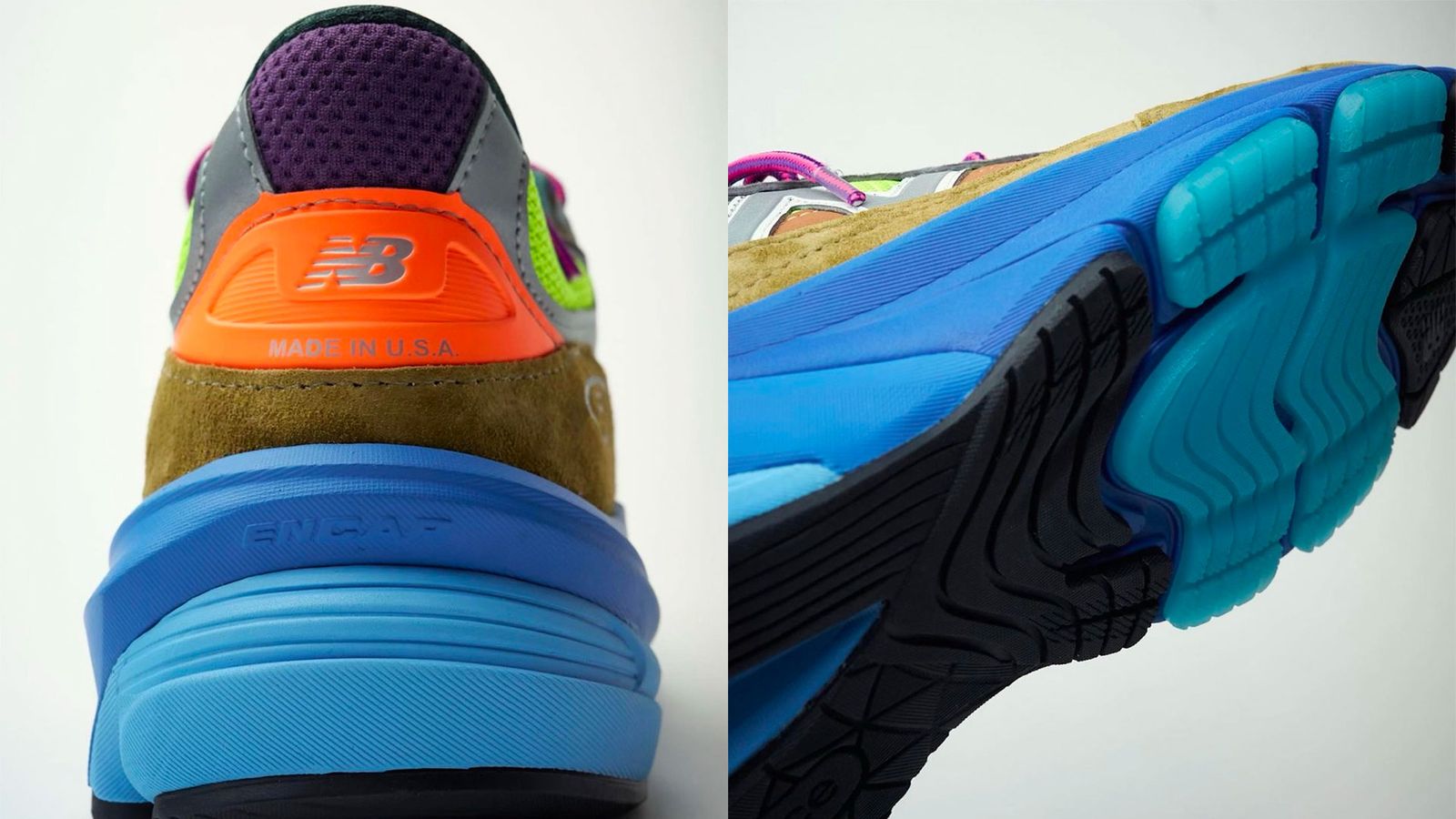 Action Bronson x New Balance 990v6 Baklava product image of a grey, brown, green, orange, blue, and pink sneaker close-up.