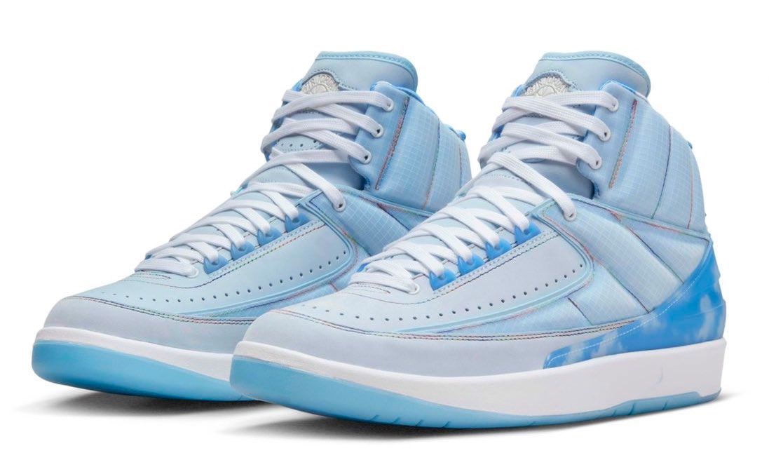 J Balvin x Air Jordan 2 product image of a light blue sneaker with sky blue overlays featuring cloudy graphics.