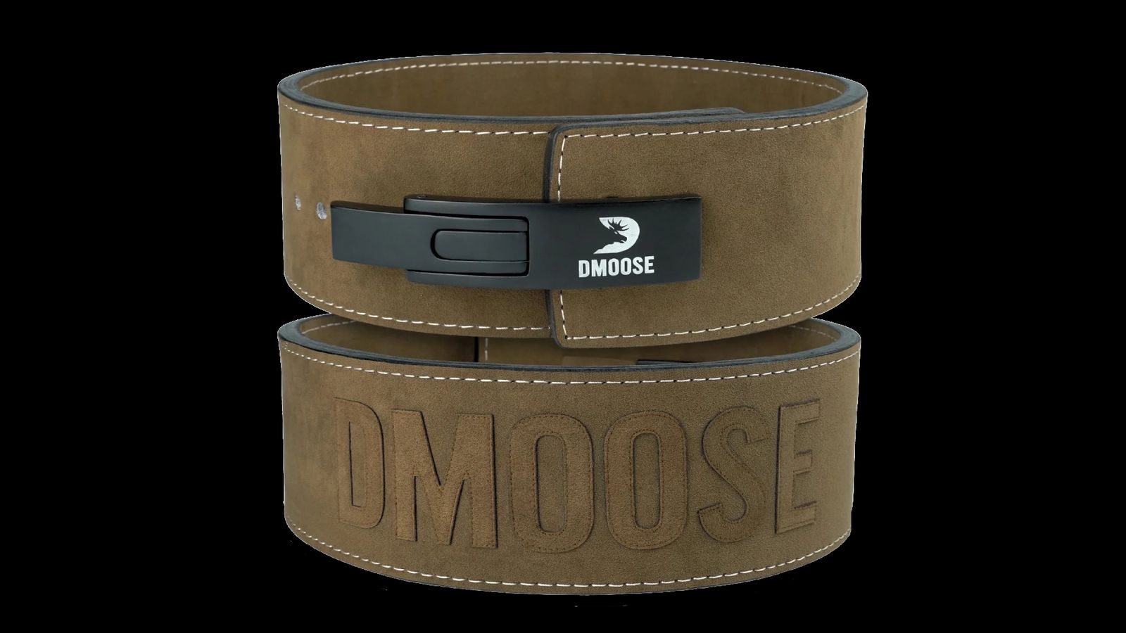 DMoose Lever Weightlifting Belt product image of a light brown belt shot from the front and back, the back featuring a black lever closure system, the front, the DMoose logo embossed.