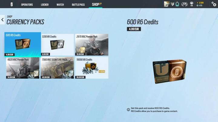 a screenshot of the currency packs page in Rainbow Six Siege