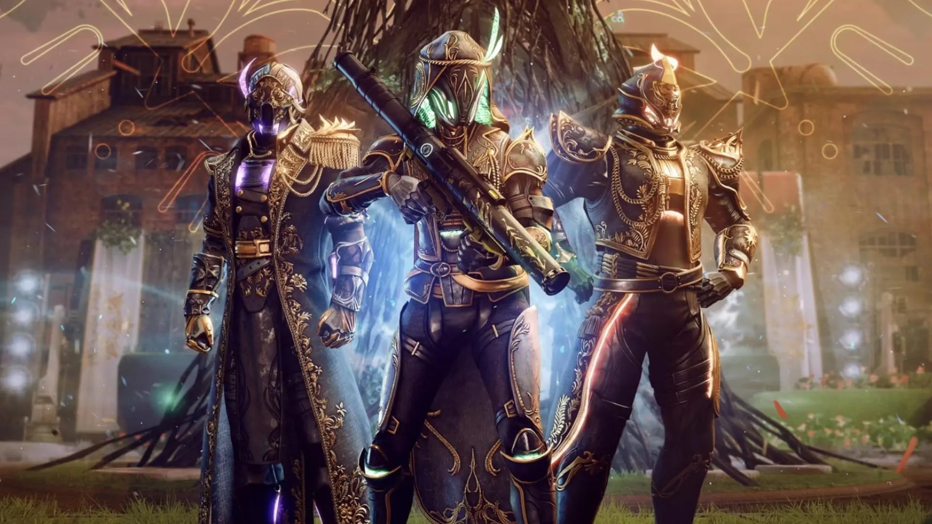 Key art for the Destiny 2 Solstice event shows three Guardians triumphantly posing, with a Warlock on the left, a Hunter in the middle, and a Titan on the right.