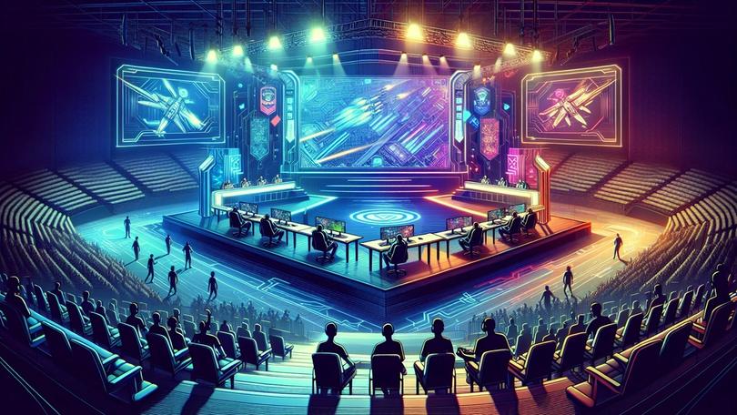 a group of people are sitting in a stadium watching a video game tournament .