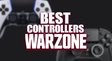 "BEST CONTROLLERS WARZONE" text in white with a red glow around it. Behind the text, two different controllers - one black and white DualSense Edge, and one black Nacon controller.