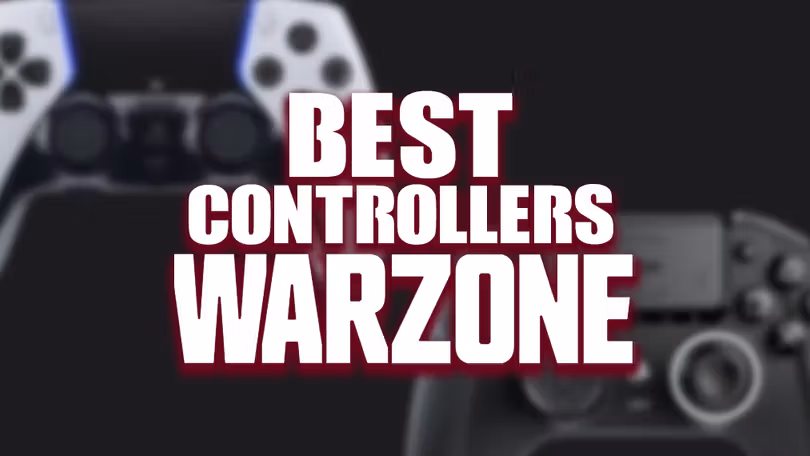 "BEST CONTROLLERS WARZONE" text in white with a red glow around it. Behind the text, two different controllers - one black and white DualSense Edge, and one black Nacon controller.