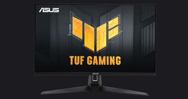 ASUS TUF Gaming VG27AQA1A product image of a black near-frameless monitor with yellow TUF Gaming branding on the display.