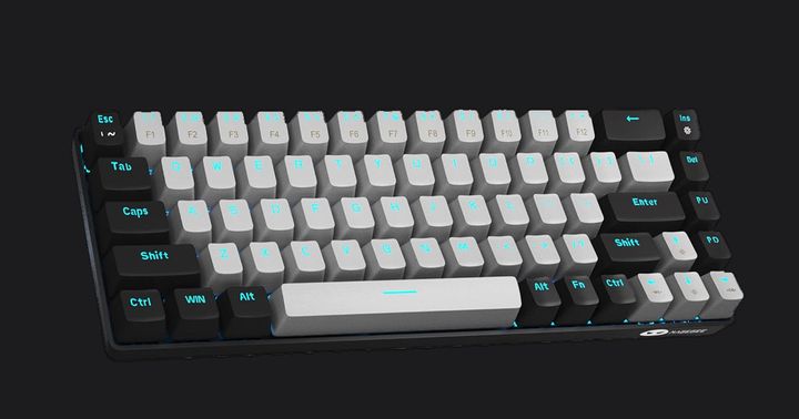 MageGee MK-Box product image of a black and light gray keyboard featuring blue lighting behind the key lettering.