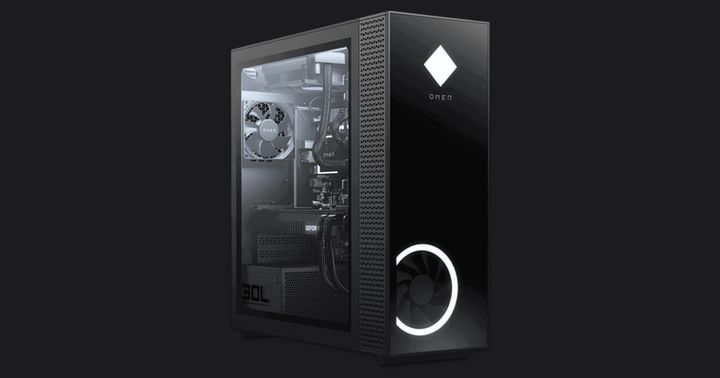 HP Omen 30L product image of a black PC case with a clear side panel exposing white internal lighting.