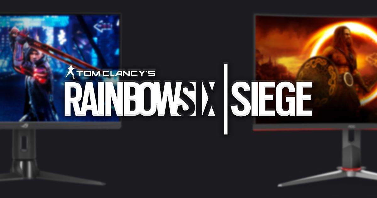 Rainbow Six Siege logo in white with blurry images of two different black gaming monitors.