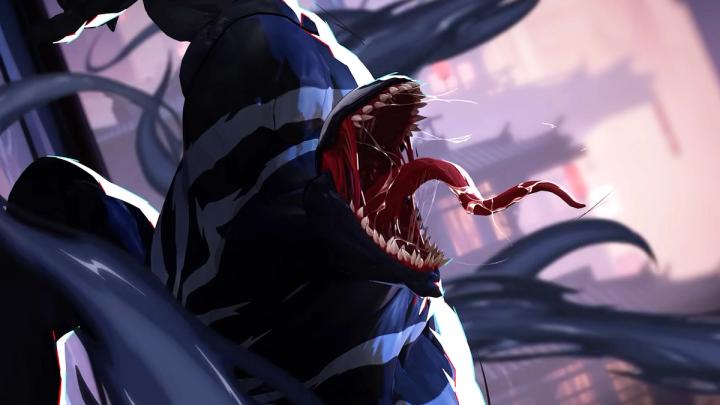 a close up of venom 's mouth from marvel rivals with its tongue hanging out