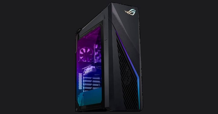 ASUS ROG G16CH product image of a black PC featuring purple and blue lighting inside.