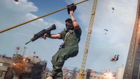 Warzone operator using a zipline