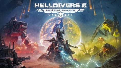 a group of helldivers standing on top of a mountain holding a flag in front of a planet .