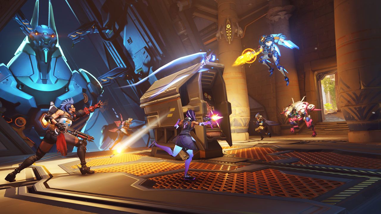 Overwatch 2 heroes fighting for first point in Throne of Anubis map