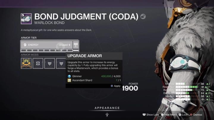 A Destiny 2 screenshot showing the process to enhance gear using Ascendant Shards.